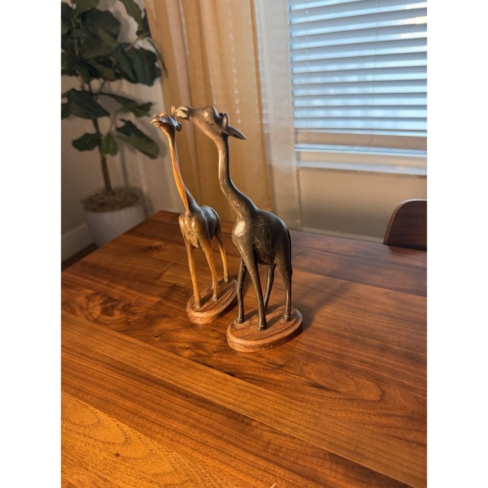 Pair Of Vintage Hand Carved 9" Solid Wooden Giraffe Figure On Base